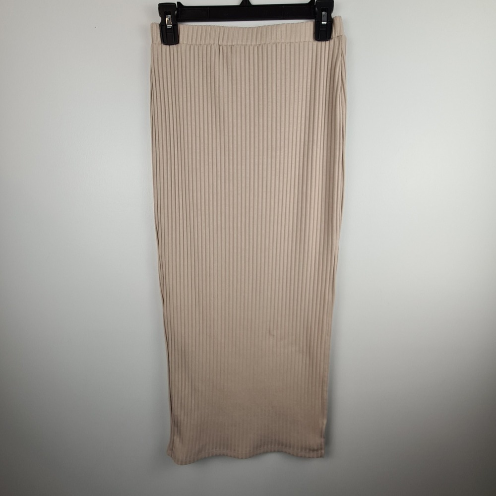 Princess Polly Beige Ribbed Midi Skirt Side Slit Tan Size 6 US Stretch Modernβ